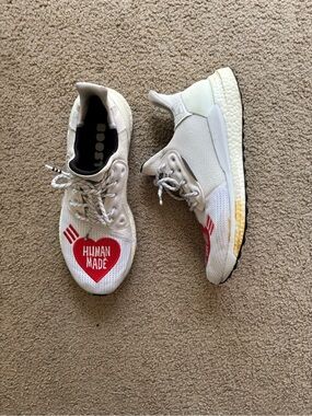 Human Made x Adidas Ultra Boost Cream Sneakers with Red Heart Accent